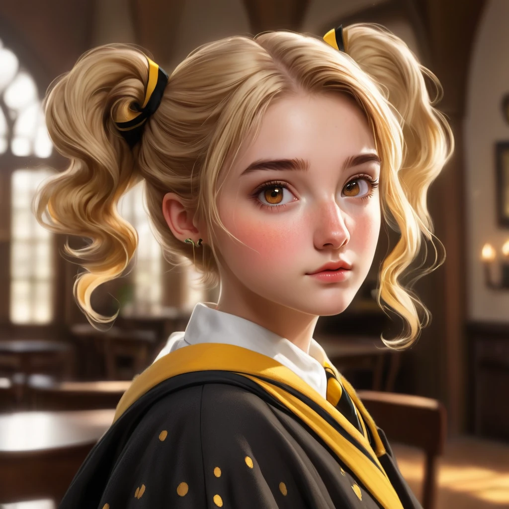 Best quality, masterpiece, Hogwarts student, Hufflepuff, short hair, high twin tails. Short, twin-tailed, golden blonde hair, serious, very mischievous, cute and bright, with freckles on the face. brown eyes A detailed face, beautiful skin, the background is in the dining room, soft, mysterious light, soft shadows. Detailed textures, dynamic lighting