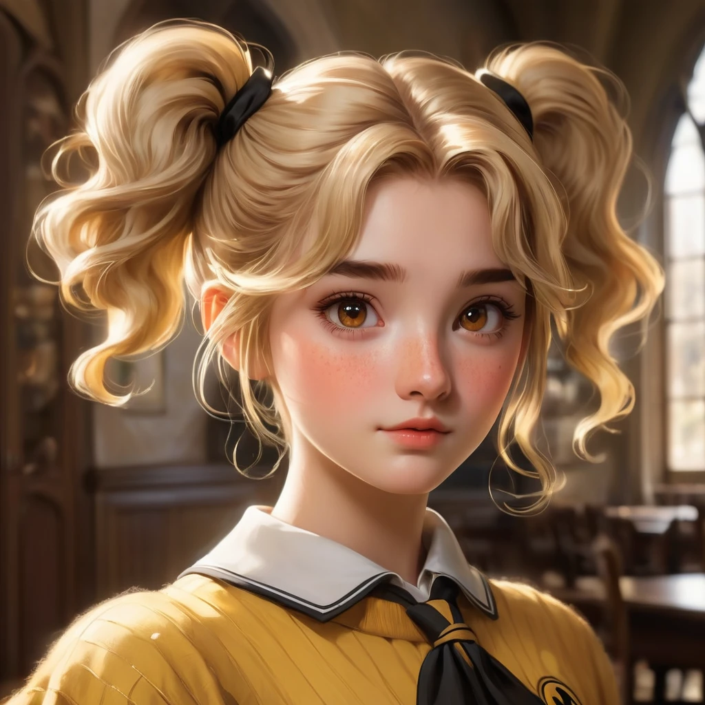 Best quality, masterpiece, Hogwarts student, Hufflepuff, short hair, high twin tails. Short, twin-tailed, golden blonde hair, serious, very mischievous, cute and bright, with freckles on the face. brown eyes A detailed face, beautiful skin, the background is in the dining room, soft, mysterious light, soft shadows. Detailed textures, dynamic lighting