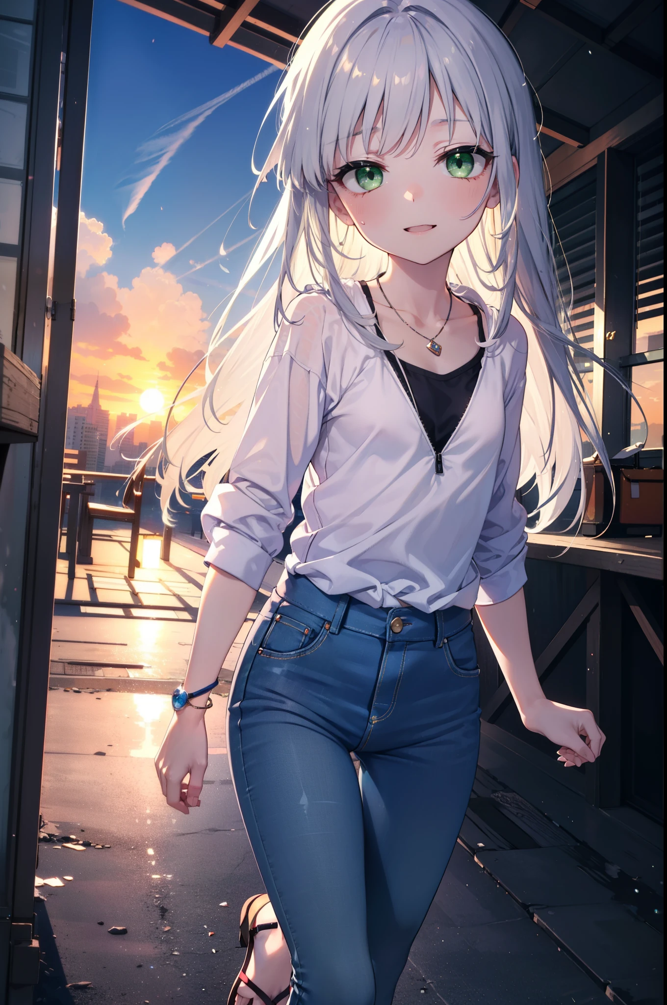 index, index, (Green Eyes:1.5), Silver Hair, Long Hair, (Flat Chest:1.2)happy smile, smile, Open your mouth,v neck tank top shirt,Skinny jeans,Cute Sandals,Rocket Pendant,walking,sunset,evening,The sun goes down,whole bodyがイラストに入るように,
break looking at viewer, whole body,
break outdoors, construction area,
break (masterpiece:1.2), Highest quality, High resolution, unity 8k wallpaper, (shape:0.8), (Beautiful attention to detail:1.6), Highly detailed face, Perfect lighting, Extremely detailed CG, (Perfect hands, Perfect Anatomy),