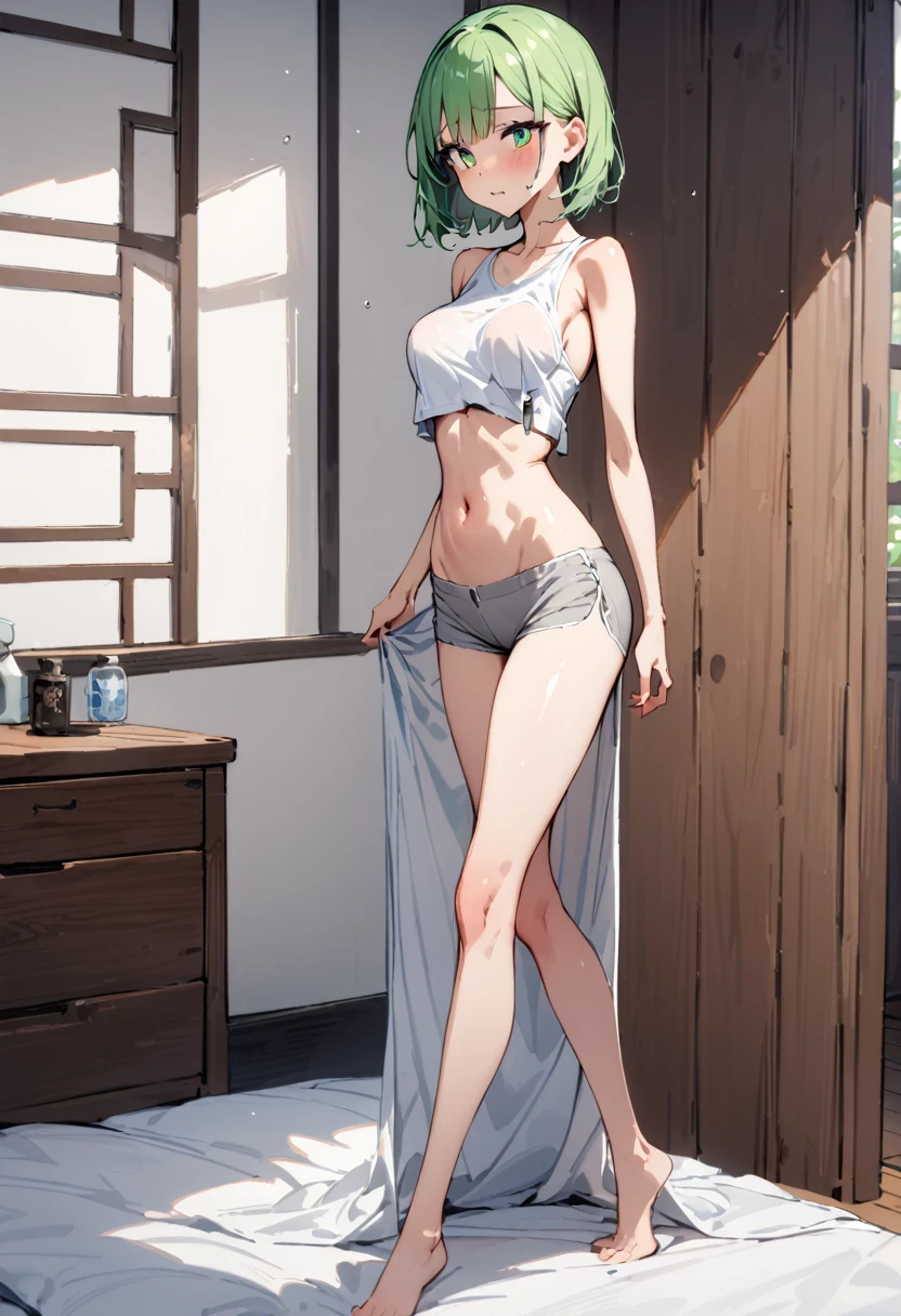 ((masterpiece,Highest quality:1.3)),1woman,30 year old beauty,独奏,((very small head:1.3)),green hair,(short bob hair),bangs,green eyes,gorgeous eyes,shy,medium breasts,((very long body:1.2)),((toned body,slender body,skinny)),gleaming skin,shiny skin,White tight T-shirt、navel、Grey wet shorts、barefoot、standing,Simple bedroom、