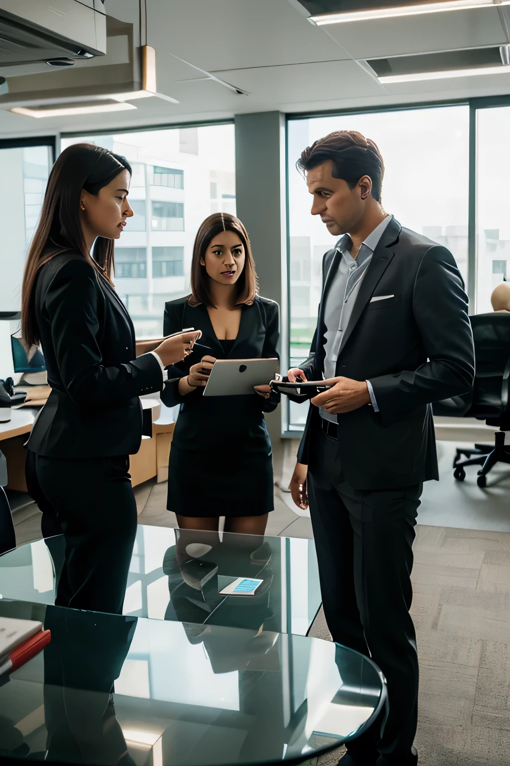 "Photorealistic image of a modern corporate office with 4 professionals, all in their mid-40s, one man in a tailored suit, one woman in a dress and the other 2 in more casual clothes. They are gathered around computer displays showing reports and charts about digitalization and cost reduction. High-quality, natural lighting, professional atmosphere. Coffee mugs and smartphones on the table. Both men discuss together"