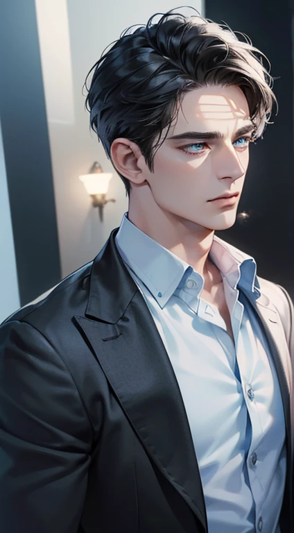(best quality, masterpiece, 8K, photorealistic, cinematic lighting, 1:4 hdr image, ultra detailed, beautiful image), a mature man, 34 years very handsome, ((cold expression)), short black hair, blue eyes, face perfect without mistakes, ((buttoning his jacket, CEO))
