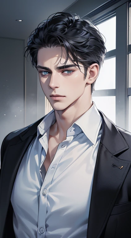 (best quality, masterpiece, 8K, photorealistic, cinematic lighting, 1:4 hdr image, ultra detailed, beautiful image), a mature man, 34 years very handsome, ((cold expression)), short black hair, blue eyes, face perfect without mistakes, ((buttoning his jacket, CEO))