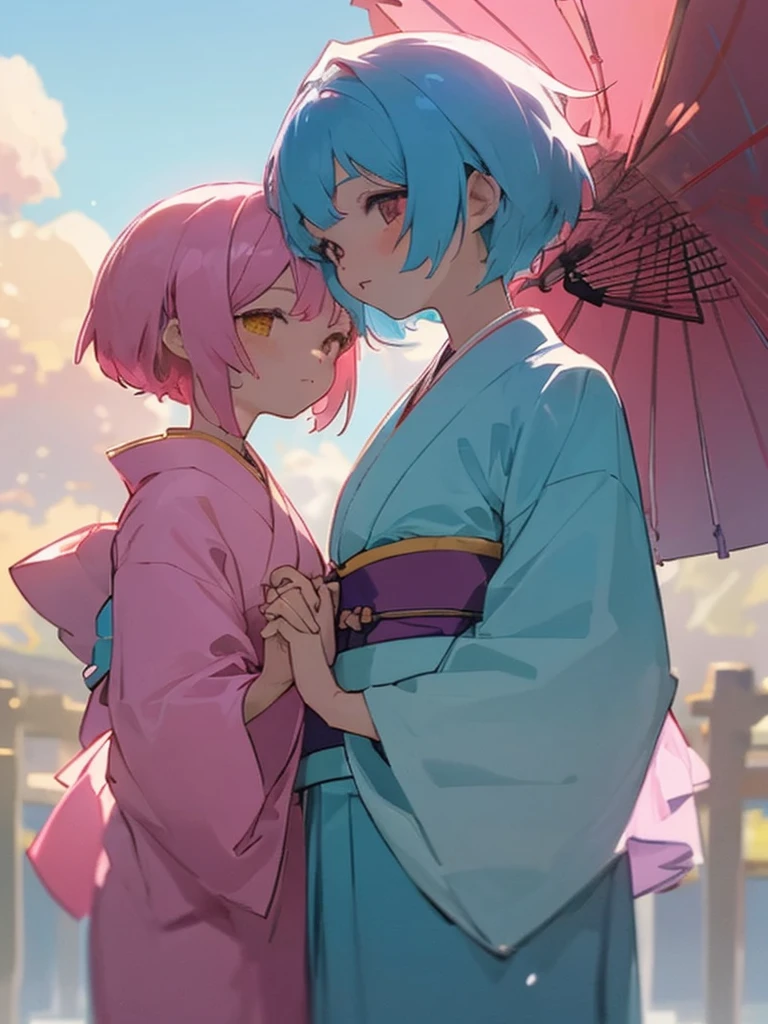 (masterpiece 1:1),(ultra hd picture), (pastel color palette), ((girl 1/girl 2) two Twin anime girls Short hair with different hair colors wearing japanese kimono with different color holding hands each other Love each other pose side by side), (girl 1 hair color pink mix with sky blue, primary hair color:pink, secondary hair color: sky blue, secondary hair color is a accent) ,(girl 1 kimono color blue with yellow accent).(Blue sky pastel hair girl)(girl 2 hair color sky blue mix with pink, primary hair color:sky blue, secondary hair color: pink, secondary hair color is a accent ),(girl 2 kimono color pink with yellow accent). Glowing eyes, HD results, best picture, cinematic angle, lovely expression, cute faces, Detail eyes, (4 fingers), Japan idols stages background.