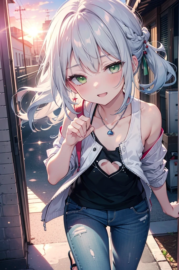 index, index, (Green Eyes:1.5), Silver Hair, Long Hair, (Flat Chest:1.2),happy smile, smile, Open your mouth,blush,hair band,Cordo shoulder top,Short sleeve,Shorts,Black tights,High-top sneakers,Daytime,Clear skies,whole bodyがイラストに入るように,Walking,
break looking at viewer, whole body,
break outdoors, In town,Building district,
break (masterpiece:1.2), highest quality, High resolution, unity 8k wallpaper, (figure:0.8), (Beautiful fine details:1.6), Highly detailed face, Perfect lighting, Highly detailed CG, (Perfect hands, Perfect Anatomy),