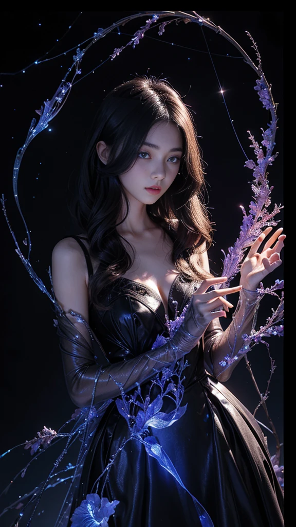 Full figure, seven -clinging shooting, 18 years old, wearing transparent science fiction dress, exquisite faces, details, hands, ultimate details, amazing magnificence, LED internal lighting, Pedaipan style, fiber hair, glowing black iris, glowing black iris,
