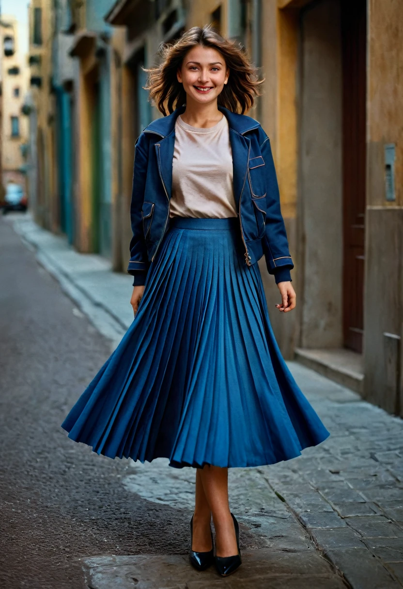 A smiling, authentic, (shy:1,3), kind, beautiful woman, is passionately in love with her skirt, wind lifts her skirt, wearing uniform jacket and very, very detailed (long (fully pleated) full circle skirt) and (low heeled court shoes), very, very intricate hyper-detailed symmetric (attractive graceful young feminine face) with (sad, tired eyes and a loving smile), very voluptuous breasts, full of empathy and compassion and love, (pronounced (feminine) features), (highly detailed ultra accurate realistic) hands and fingers, (windy), epic composition, highly detailed attributes, (35mm f1.4 Kodak portra 400 photograph), extremely high quality RAW photograph, highly detailed atmosphere, sci-fi, cinematic shot, dynamic lighting, 75mm, Technicolor, Panavision, cinemascope, sharp focus, fine details, 8k, HDR, realism, realistic, key visual, film still, superb cinematic color grading, depth of field