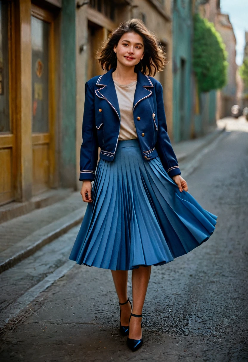 A smiling, authentic, (shy:1,3), kind, beautiful woman, is passionately in love with her skirt, wind lifts her skirt, wearing uniform jacket and very, very detailed (long (fully pleated) full circle skirt) and (low heeled court shoes), very, very intricate hyper-detailed symmetric (attractive graceful young feminine face) with (sad, tired eyes and a loving smile), very voluptuous breasts, full of empathy and compassion and love, (pronounced (feminine) features), (highly detailed ultra accurate realistic) hands and fingers, (windy), epic composition, highly detailed attributes, (35mm f1.4 Kodak portra 400 photograph), extremely high quality RAW photograph, highly detailed atmosphere, sci-fi, cinematic shot, dynamic lighting, 75mm, Technicolor, Panavision, cinemascope, sharp focus, fine details, 8k, HDR, realism, realistic, key visual, film still, superb cinematic color grading, depth of field