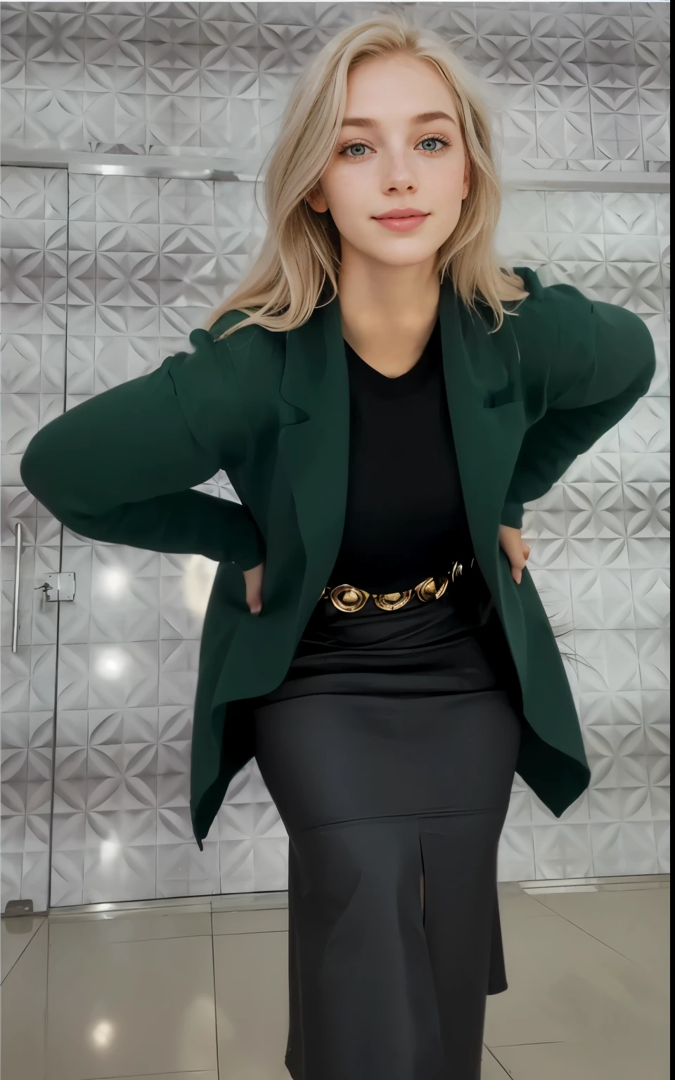 a one woman, americana, age 25, pale skin and freckles, grey-eyed, delicate nose, soft and delicate lips, distant, cabelo blondie distant e ondulado na altura da cintura, Sweet smile, face with delicate feminine facial features, Highly Rendering