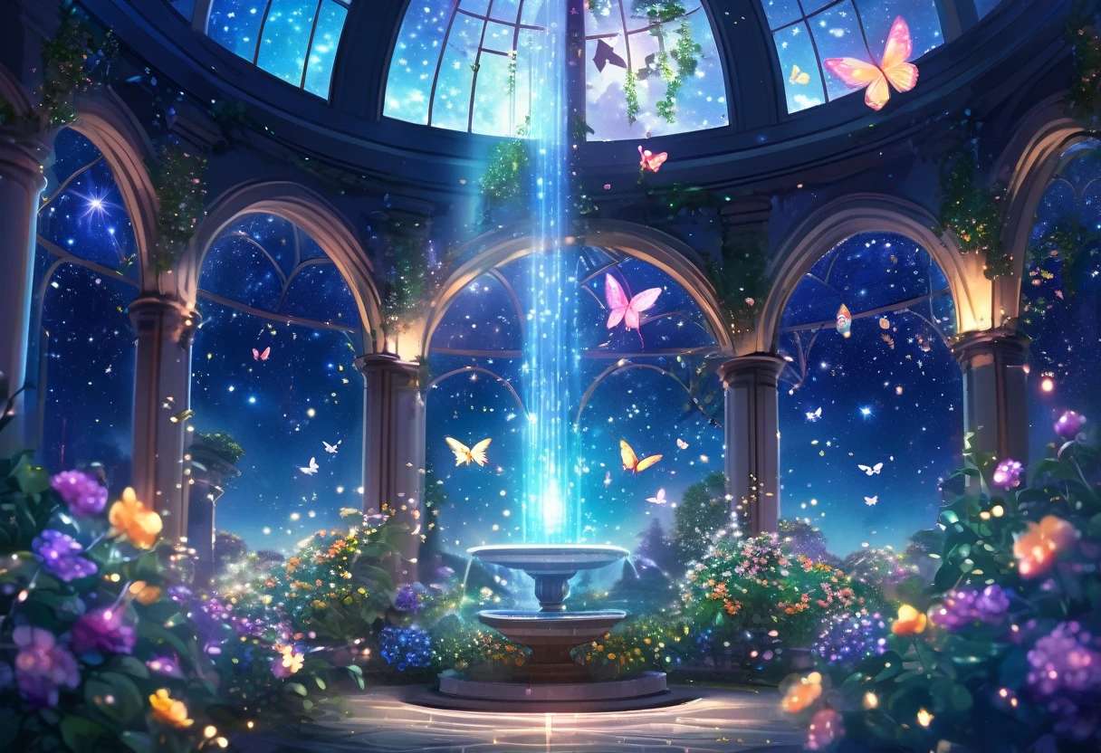 ((Highest quality)),((high-res)),night, Starry Sky, A magical indoor garden, dome, Sparkling water fountain, Lots of flowers, Glowing Butterfly, The background is a garden with petals and papas flying around