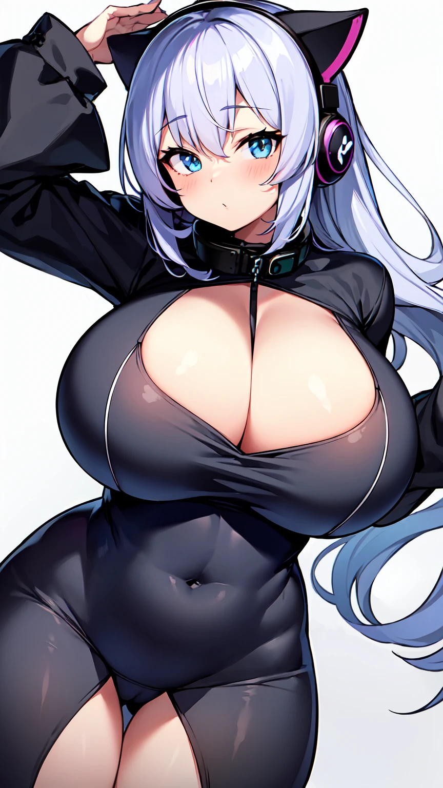 Anime girl with cat ears and headphones, cute,Beautiful girl, Huge breasts
