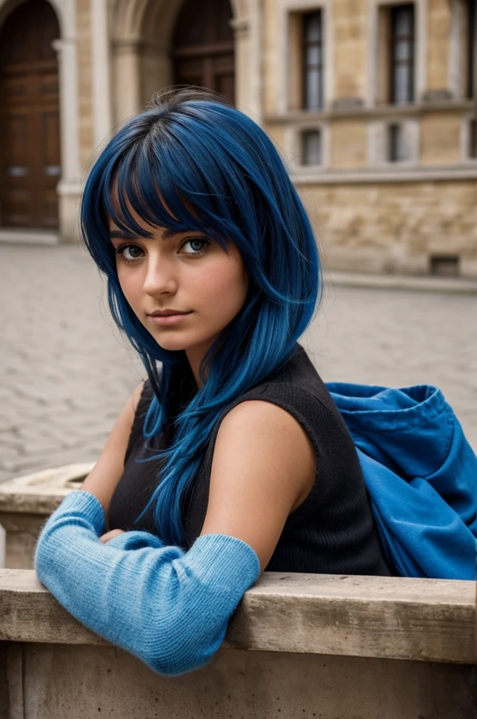 Une juene fille de 23 ans latine qui viens d'Italie, qui a des cheveux brun et des yeux bleus avec une poitrine moyenne et un fessier développé prend la pose sur un banc pour se faire photographié