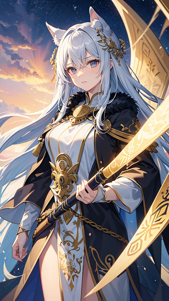 Please draw an illustration of Odin from Norse mythology re-created as a beautiful girl.。This female version of Odin、It should be a combination of elegance and strength.。Please include specific details below:
1. Appearance:
•face: Her face is very beautiful、It has sharp and noble features。High cheekbones、Delicate nose、And has full lips。
• eye: 一方の目は氷のような青色Alsoは銀色で、Radiates wisdom and authority。The other eye、Symbolizes the eye that Odin sacrificed for wisdom、Is the eye covered by an eye patch?、It's hidden by hair。
•hair: Long, flowing hair, silver or gold、I'm trying to put it on my back。Her hair is a little wild.、It symbolizes a connection with nature and the mystical.。
• Costumes: She wears a costume that combines Norwegian warrior and royal attire。Long flowing cloak、Fur accents、Includes elaborate rune-inscribed armor。The color is deep blue、black、And metallic colors such as gold and silver、Use rich and noble colors。
•accessory: She wears a crown and circlet reflecting her status as the Full-Father.。With complex design、Consider incorporating crow or wolf motifs.。Also、He proudly wields his elegantly designed spear, Gungnir.。
2. background:
• background: アスガルドを反映した壮大で神秘的なbackgroundを作成してください。backgroundには、Includes the Yggdrasil tree that emits a mystical light。The sky is a mix of purple and blue at dusk、Makes the Bifrost Bridge visible in the distance。
3. fellow:
• Crow: Two crows perched on her shoulders or flying nearby、Please include Huginn and Munin。hereby、Add movement and life to your illustrations。
• Wolf: Her wolf by her side、Geri and Freki are there.、Hall of Loyalty々I will draw a figure that。They are dignified、Depicted as a protective presence。
4. atmosphere:
• 全体のatmosphereは、It should exude a sense of mysticism and awe, evoking ancient wisdom and power.。The lighting is dramatic and、Use highlights and shadows to accentuate her features and outfit.。