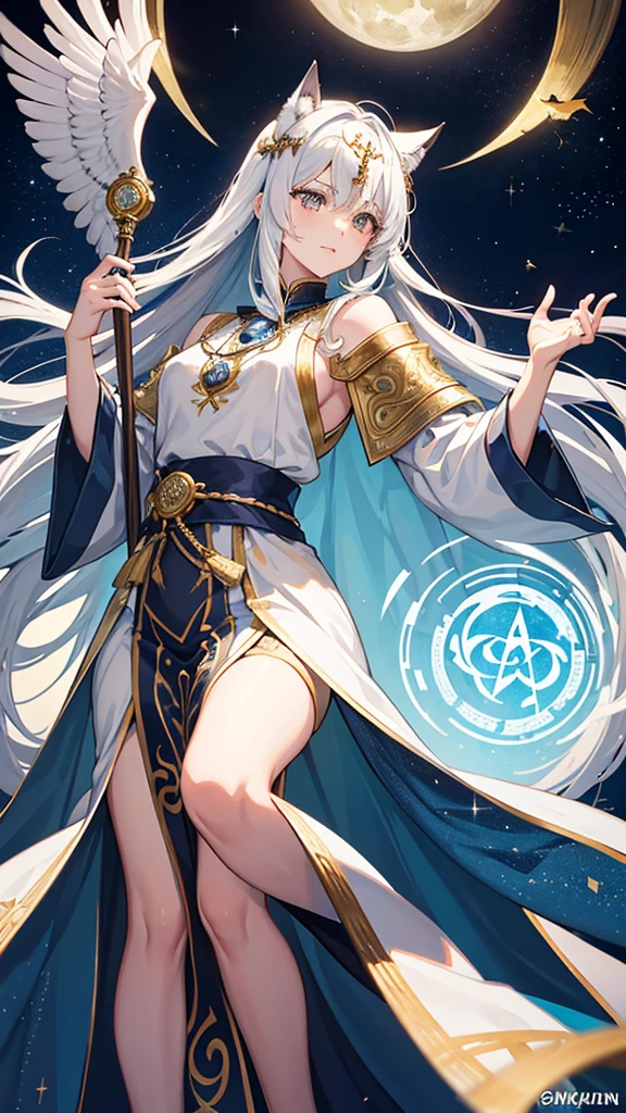 Please draw an illustration of Odin from Norse mythology re-created as a beautiful girl.。This female version of Odin、It should be a combination of elegance and strength.。Please include specific details below:
1. Appearance:
•face: Her face is very beautiful、It has sharp and noble features。High cheekbones、Delicate nose、And has full lips。
• eye: 一方の目は氷のような青色Alsoは銀色で、Radiates wisdom and authority。The other eye、Symbolizes the eye that Odin sacrificed for wisdom、Is the eye covered by an eye patch?、It's hidden by hair。
•hair: Long, flowing hair, silver or gold、I'm trying to put it on my back。Her hair is a little wild.、It symbolizes a connection with nature and the mystical.。
• Costumes: She wears a costume that combines Norwegian warrior and royal attire。Long flowing cloak、Fur accents、Includes elaborate rune-inscribed armor。The color is deep blue、black、And metallic colors such as gold and silver、Use rich and noble colors。
•accessory: She wears a crown and circlet reflecting her status as the Full-Father.。With complex design、Consider incorporating crow or wolf motifs.。Also、He proudly wields his elegantly designed spear, Gungnir.。
2. background:
• background: アスガルドを反映した壮大で神秘的なbackgroundを作成してください。backgroundには、Includes the Yggdrasil tree that emits a mystical light。The sky is a mix of purple and blue at dusk、Makes the Bifrost Bridge visible in the distance。
3. fellow:
• Crow: Two crows perched on her shoulders or flying nearby、Please include Huginn and Munin。hereby、Add movement and life to your illustrations。
• Wolf: Her wolf by her side、Geri and Freki are there.、Hall of Loyalty々I will draw a figure that。They are dignified、Depicted as a protective presence。
4. atmosphere:
• 全体のatmosphereは、It should exude a sense of mysticism and awe, evoking ancient wisdom and power.。The lighting is dramatic and、Use highlights and shadows to accentuate her features and outfit.。
