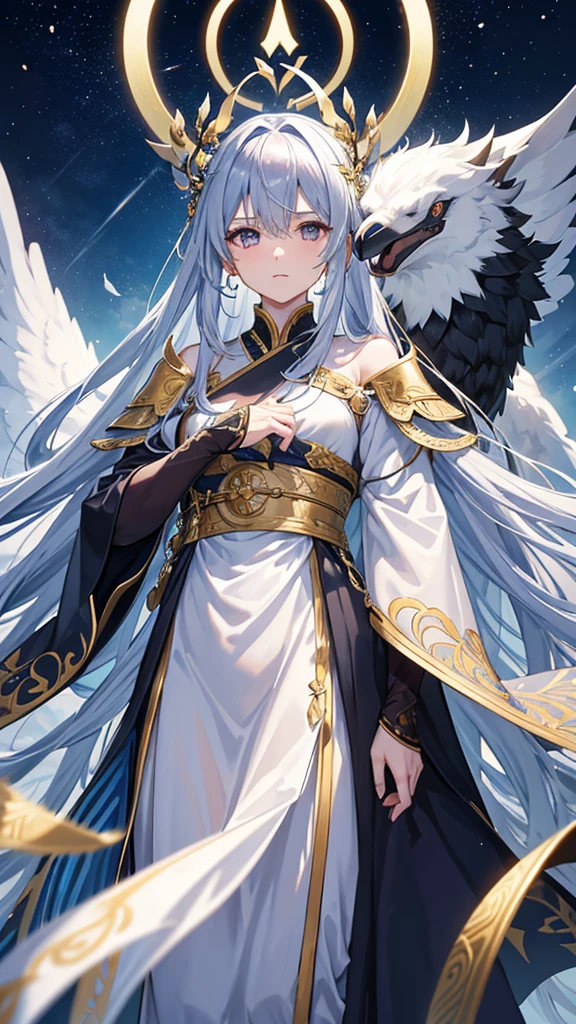 Please draw an illustration of Odin from Norse mythology re-created as a beautiful girl.。This female version of Odin、It should be a combination of elegance and strength.。Please include specific details below:
1. Appearance:
•face: Her face is very beautiful、It has sharp and noble features。High cheekbones、Delicate nose、And has full lips。
• eye: 一方の目は氷のような青色Alsoは銀色で、Radiates wisdom and authority。The other eye、Symbolizes the eye that Odin sacrificed for wisdom、Is the eye covered by an eye patch?、It's hidden by hair。
•hair: Long, flowing hair, silver or gold、I'm trying to put it on my back。Her hair is a little wild.、It symbolizes a connection with nature and the mystical.。
• Costumes: She wears a costume that combines Norwegian warrior and royal attire。Long flowing cloak、Fur accents、Includes elaborate rune-inscribed armor。The color is deep blue、black、And metallic colors such as gold and silver、Use rich and noble colors。
•accessory: She wears a crown and circlet reflecting her status as the Full-Father.。With complex design、Consider incorporating crow or wolf motifs.。Also、He proudly wields his elegantly designed spear, Gungnir.。
2. background:
• background: アスガルドを反映した壮大で神秘的なbackgroundを作成してください。backgroundには、Includes the Yggdrasil tree that emits a mystical light。The sky is a mix of purple and blue at dusk、Makes the Bifrost Bridge visible in the distance。
3. fellow:
• Crow: Two crows perched on her shoulders or flying nearby、Please include Huginn and Munin。hereby、Add movement and life to your illustrations。
• Wolf: Her wolf by her side、Geri and Freki are there.、Hall of Loyalty々I will draw a figure that。They are dignified、Depicted as a protective presence。
4. atmosphere:
• 全体のatmosphereは、It should exude a sense of mysticism and awe, evoking ancient wisdom and power.。The lighting is dramatic and、Use highlights and shadows to accentuate her features and outfit.。