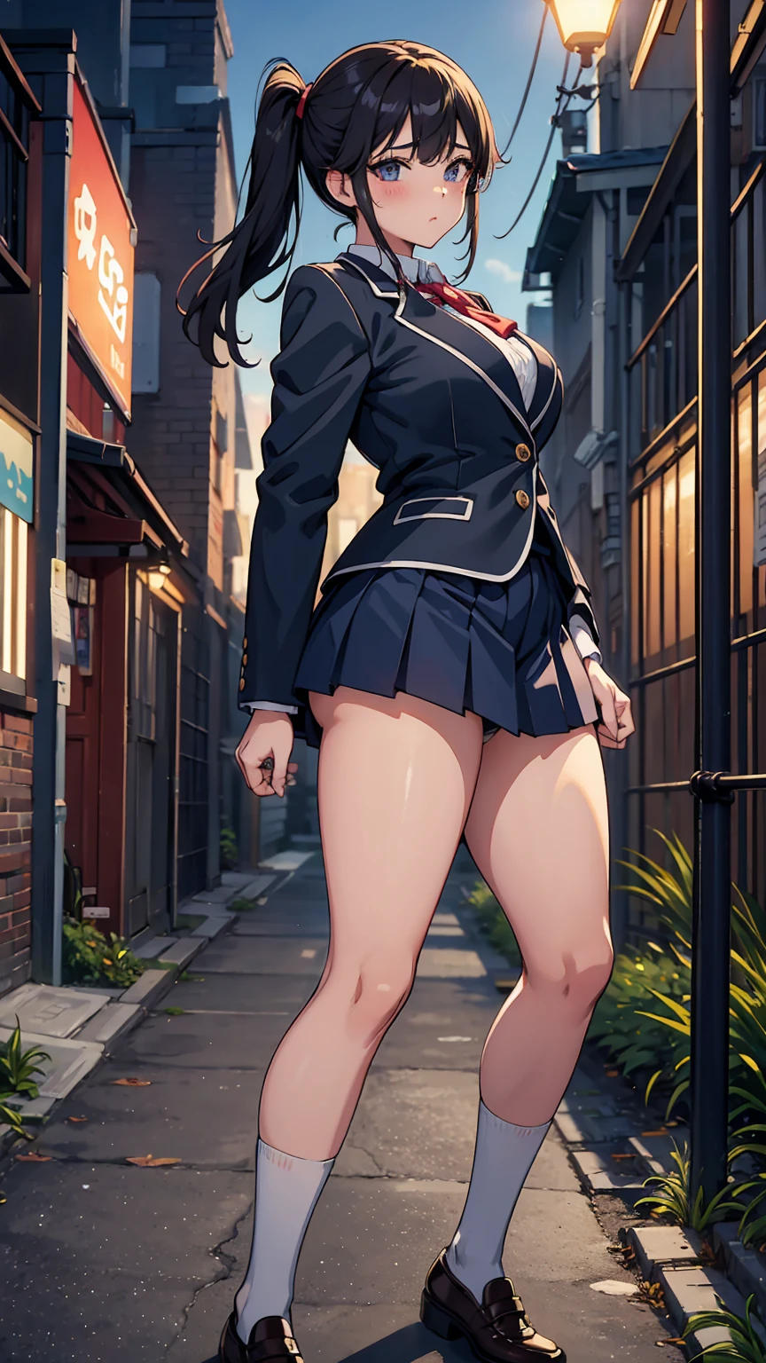 high school girl、Browsing Caution, 1boy and 1girl, In underwear、Back alley at night、teenager、Blazer uniform、Beautiful woman、Very thick thighs、Very short skirt、Lifting her skirt to show her panties、Spread your legs wide、Seducing the audience、Best image quality、High resolution、masterpiece、super high quality、Thick pubic hair、Man&#39;s hand、Man&#39;s handがお金を持っている、Light green lace panties、Very big ass、Very large breasts  、Blushing、4K quality、Wearing black knee socks、Sweaty all over、Heavy breathing、Highest quality}, {so beautiful}, {Very detailed}, {Best illustrations}, Browsing Caution, girl, 