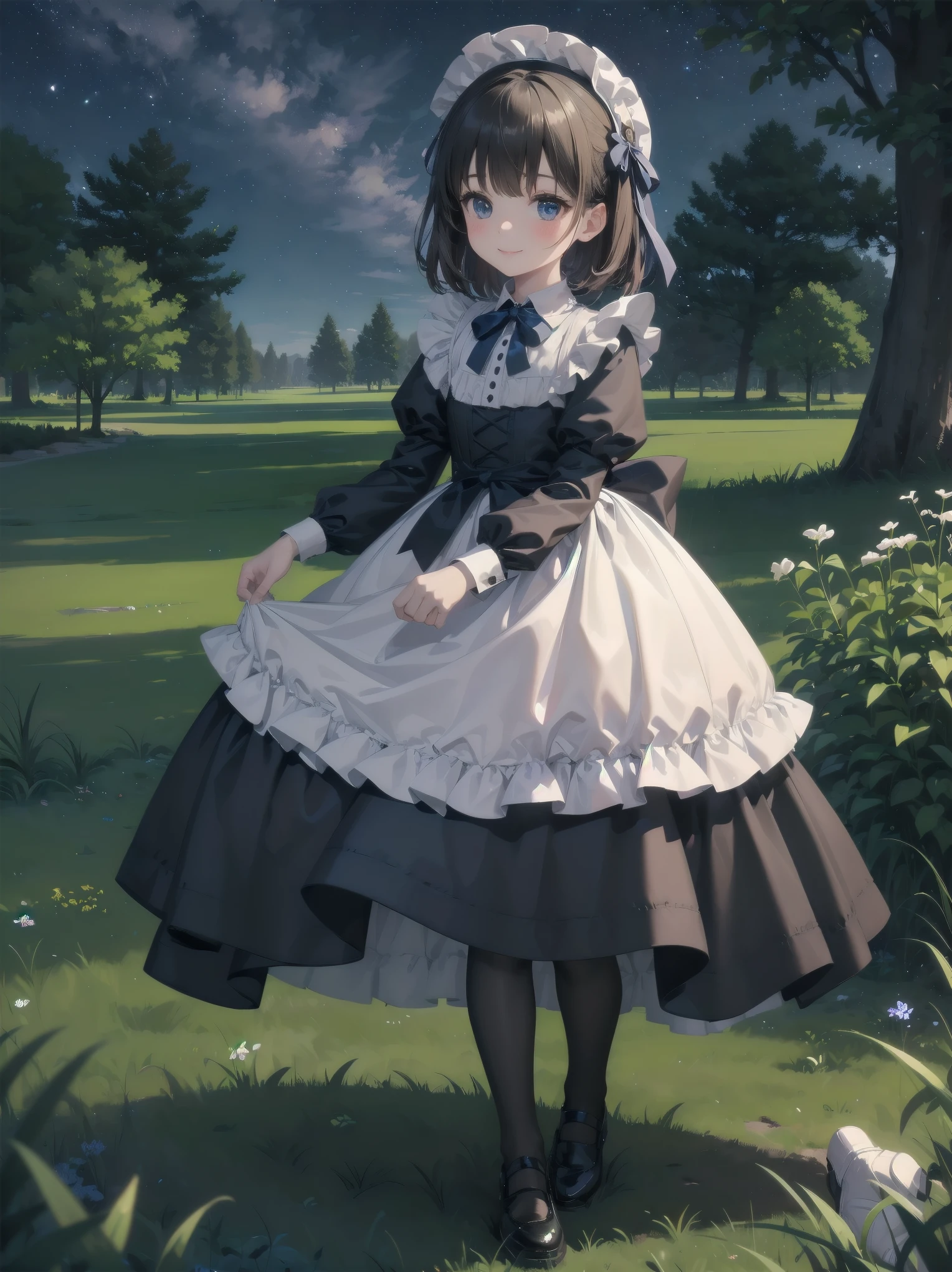 A serene outdoor scene unfolds at dusk, with a brilliant blue sky transitioning into a canvas of twinkling stars. A beautiful young girl, dressed in a stunning white and black gothic maid dress adorned with a navy blue ribbon, stands amidst lush green grass. Her companion, a delightful toddler, dons a charming maid hat with ruby accessories, complemented by black stockings and shoes. The little one beams with joy, smiling brightly as they gaze up at the celestial display together