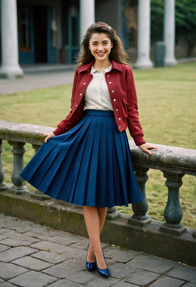 A smiling, authentic, (shy:1,3), kind, beautiful woman, is passionately in love with her skirt, wind lifts her skirt, wearing uniform jacket and very, very detailed (long (fully pleated) full circle skirt) and (low heeled court shoes), very, very intricate hyper-detailed symmetric (attractive graceful young feminine face) with (sad, tired eyes and a loving smile), very voluptuous breasts, full of empathy and compassion and love, (pronounced (feminine) features), (highly detailed ultra accurate realistic) hands and fingers, (windy), epic composition, highly detailed attributes, (35mm f1.4 Kodak portra 400 photograph), extremely high quality RAW photograph, highly detailed atmosphere, sci-fi, cinematic shot, dynamic lighting, 75mm, Technicolor, Panavision, cinemascope, sharp focus, fine details, 8k, HDR, realism, realistic, key visual, film still, superb cinematic color grading, depth of field