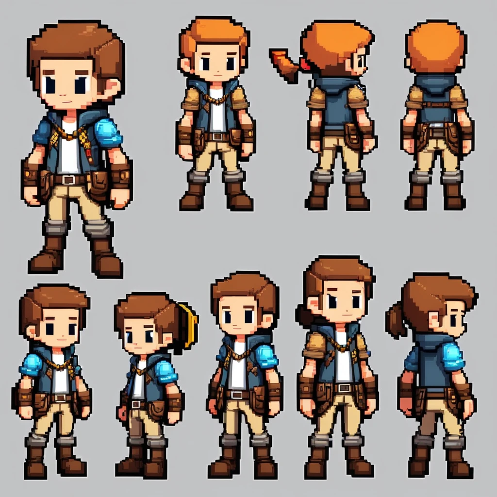Pixel art,pixel art,Create an original character design sheet,main character of the game,boy,juvenile,adventurer's outfit,natural perm,musical instrument,bard,((3 views,whole body, background,multiple views,High resolution)),multiple views,multiple poses,Active,action pose,dynamic,nice,cute,masterpiece,highest quality,In detail,Gracefully,RPG,Famicom,Multiple characters,multiple outfits,Final Fantasy,boldly,ASSASIN , BLACK COAT , HUNTER, BLACK HOODIE, ARMOR, DARK SHADOW