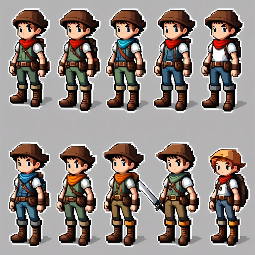 Pixel art,pixel art,Create an original character design sheet,main character of the game,boy,juvenile,adventurer&#39;s outfit,natural perm,musical instrument,bard,((3 views,whole body, background,multiple views,High resolution)),multiple views,multiple poses,Active,action pose,dynamic,nice,cute,masterpiece,highest quality,In detail,Gracefully,RPG,Famicom,Multiple characters,multiple outfits,Final Fantasy,boldly,ASSASIN , BLACK COAT , HUNTER, BLACK HOODIE, ARMOR, DARK SHADOW