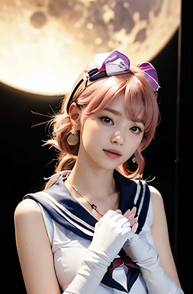 ((realistic HD display, Summer 1st level)), very realistic,muste piece, best quality, high resolution, Summer 1, (((Sailor Senshi uniform with medium chest,))) white gloves, red sailor collar, red skirt, star necklace, elbow gloves, pleated skirt, bare legs, purple bow, space, the moon, charming smile, stunning beauty, whole body fo, pink hair