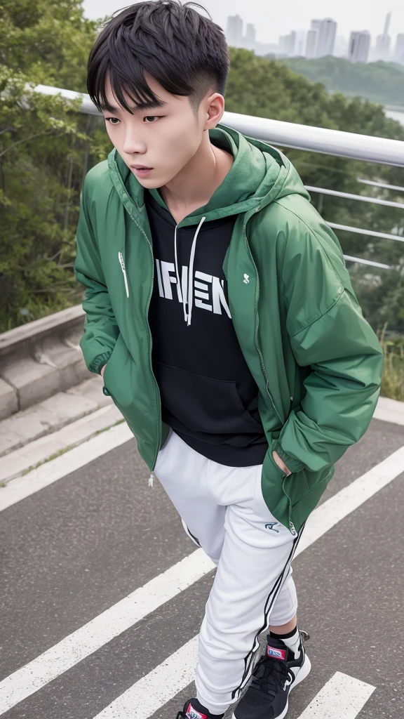 A Beijing 18 year old man, he is wearing a Hoodied green jacket, he is wearing black trousers, he is wearing white sneakers, he is carrying a backpack, he is walking on a suspension bridge, peaceful atmosphere, very realistic, very detailed