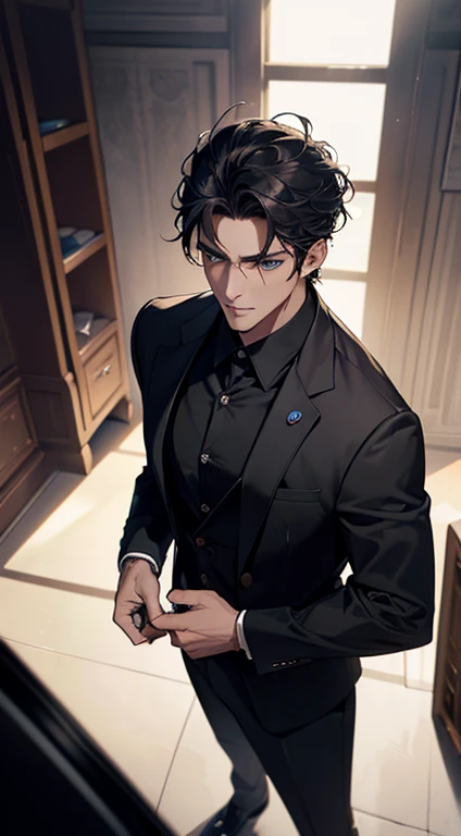 (best quality, masterpiece, 8K, photorealistic, cinematic lighting, 1:4 hdr image, top view, ultra detailed, beautiful image), a mature man, very handsome, short black hair, blue eyes, perfect face without errors , ((buttoning his jacket, CEO))