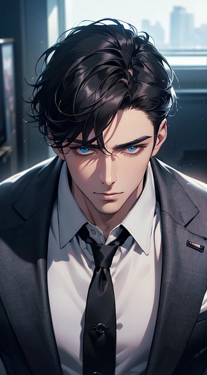 (best quality, masterpiece, 8K, photorealistic, cinematic lighting, 1:4 hdr image, top view, ultra detailed, beautiful image), a mature man, very handsome, short black hair, blue eyes, perfect face without errors , ((buttoning his jacket, CEO))