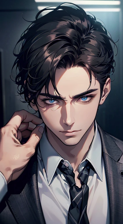 (best quality, masterpiece, 8K, photorealistic, cinematic lighting, 1:4 hdr image, top view, ultra detailed, beautiful image), a mature man, very handsome, short black hair, blue eyes, perfect face without errors , ((buttoning his jacket, CEO))