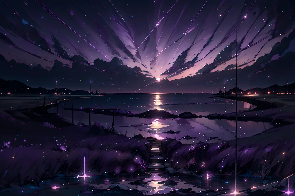 Painting of a sunset over water, Space Sky. by Makoto Shinkai, Colorful night sky, dream scenery art, Makoto Shinkai and Tom Bagshaw, Ross Tran. Landscape Background, Tom Kincaid, Twinkling Star, anime. by Makoto Shinkai, Breathtaking digital art, Purple sky in moonlight