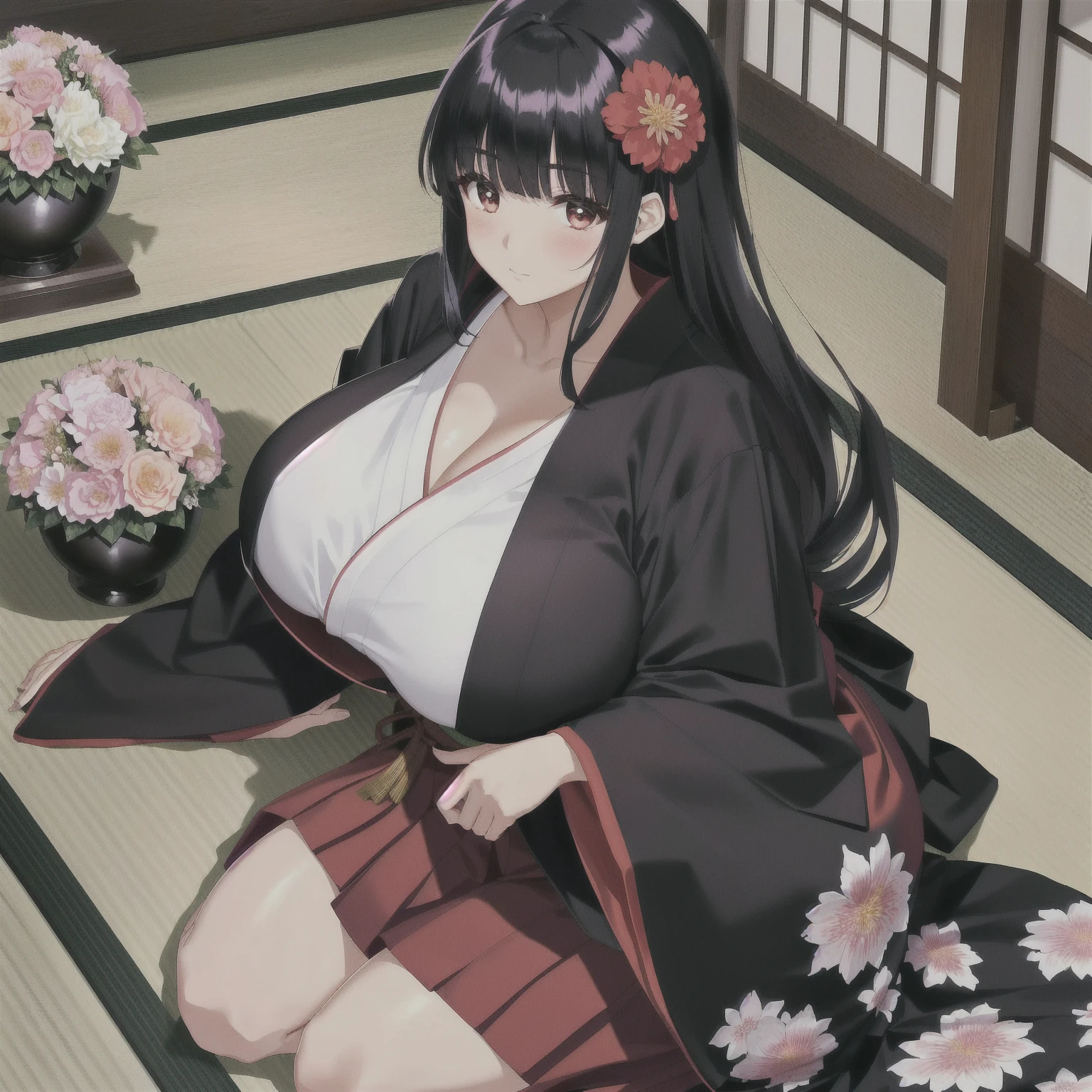Japanese girl　Black hair gigantic breasts (Flower)(Flower Arrangement Club)（Flower Arrangement）a woman sitting in a chair wearing a kimono, with her hand resting on top of her pants, 1girl, solo, japanese clothes, long hair, sitting, black hair, hakama, skirt, looking at viewer, hakama skirt, blush, white kimono, bangs, kimono, closed mouth, black hakama, seiza, long sleeves, breasts,kendo hall, wood floor, ,big breasts, huge breasts, gigantic breasts,flower arrangement,big breasts, huge breasts, gigantic breasts