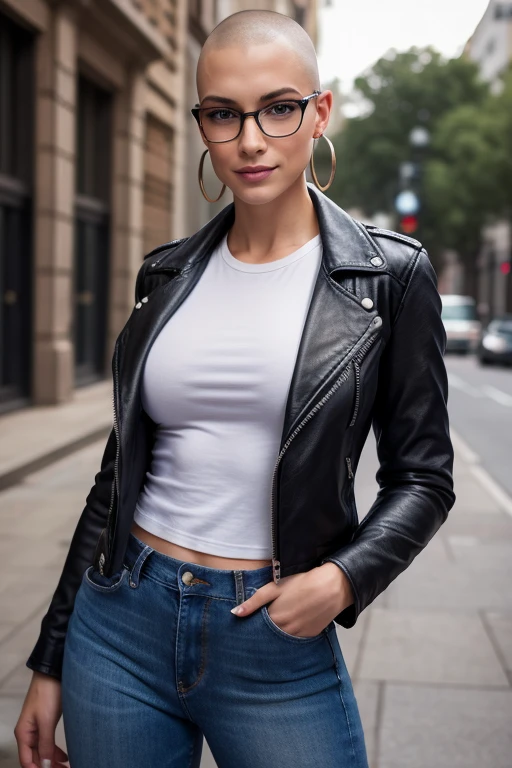 High definition. Beautiful sexy woman. Caucasian. Shaved head. Feminine features. Large nose. Round glasses. Loop earrings. Leather jacket. T-shirt. Athletic build. Abs. Jeans. Small smile.