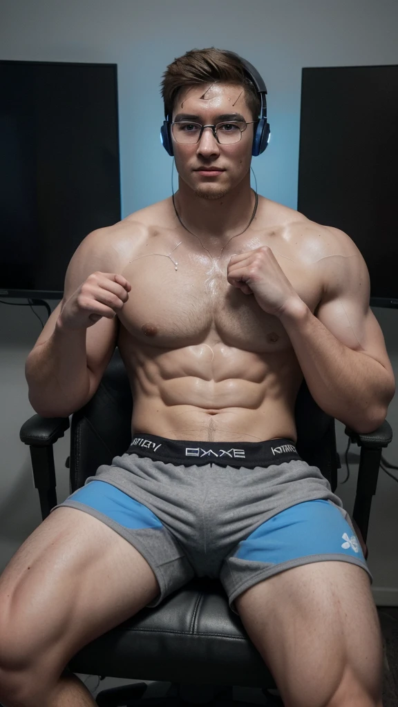 He creates a very handsome young man with perfect features, with round glasses, he has a muscular body, he has gamer headphones on and he is sitting in a gamer chair, he has no shirt, he is in gray boxers, with which you can see a big lump, somewhat sweaty, has hair on his body, He has a video game console controller in the middle of his legs holding it with his hands, you can see in the background a room with blue LED lights, a screen and video games,