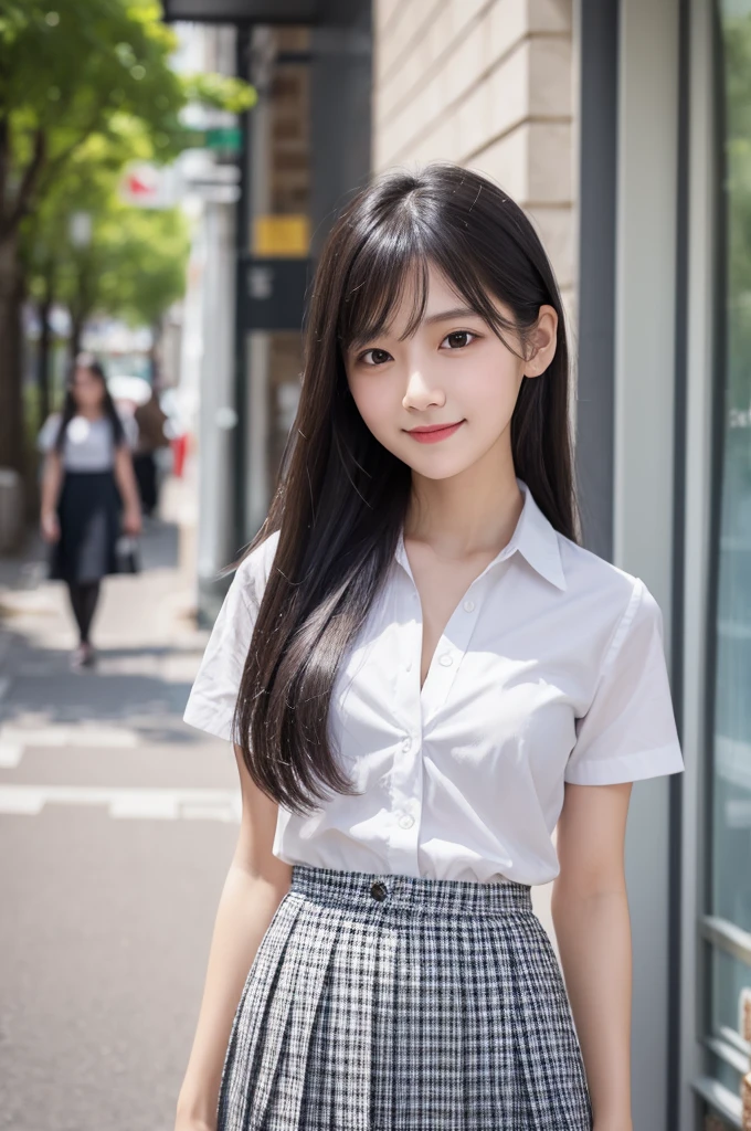 White shirt,Checkered Pleated Skirt,26 years old,OL,Black Hair,Straight Hair,ponytail,Dark Eyes,Small Face,Clean eyes,Small Mouth,slender,Young face,Lori,Flat chest,Shopping Street,live-action,Realistic photos,8K,Smile,Ultra HD,Standing posture,whole body,School bag,A sweet face,