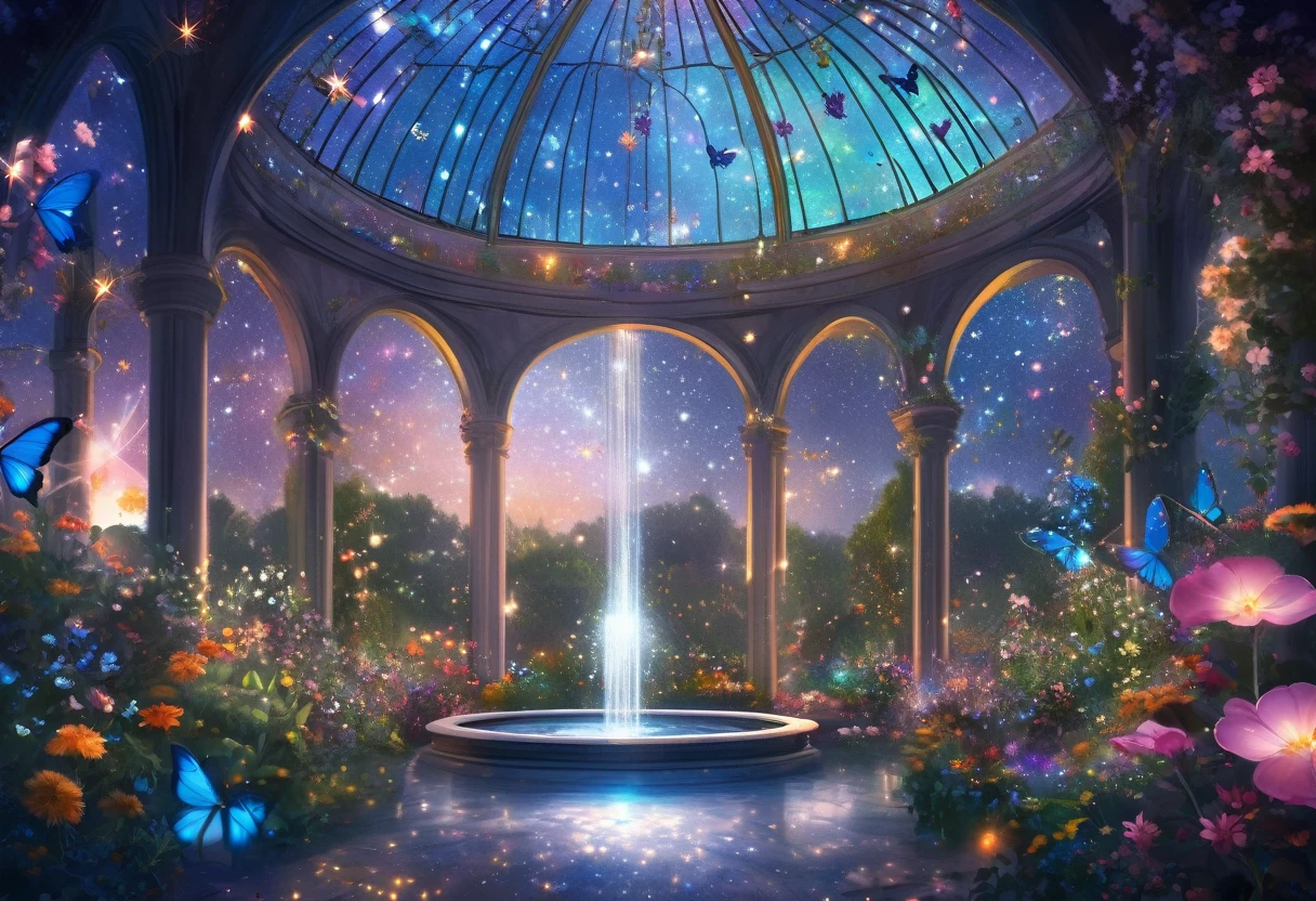 ((Highest quality)),((high-res)),night, Starry Sky, A magical indoor garden, dome, Sparkling water fountain, Lots of flowers, Glowing Butterfly, The background is a garden with petals and papas flying around