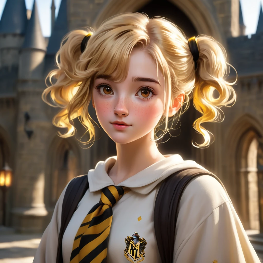 Best quality, masterpiece, Hogwarts student, Hufflepuff, short hair, high twin tails. Short, twin-tailed, golden blonde hair, serious, very mischievous, cute and bright, with freckles on the face. brown eyes A detailed face, beautiful skin, a background in Hogwarts Castle, soft, mysterious light, soft shadows. Detailed textures, dynamic lighting