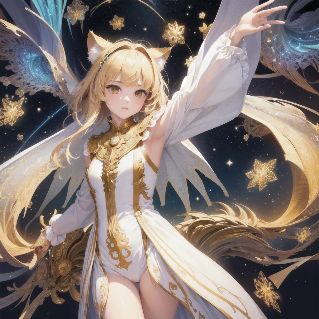(masterpiece, Highest quality, Highest quality, Official Art, beautifully、aesthetic:1.2), (One girl), Very detailed, (Fractal Art:1.3), colorful, Most detailed, Perfect Face, Upper Body, High resolution, (Open your arms:1.3), (White cloak Golden Line:1.2), Milky Way, (Streaks of Light), Impressive visuals, (Dynamic stripes, Light trail:1.2), Vibrant colors, Cat ear、