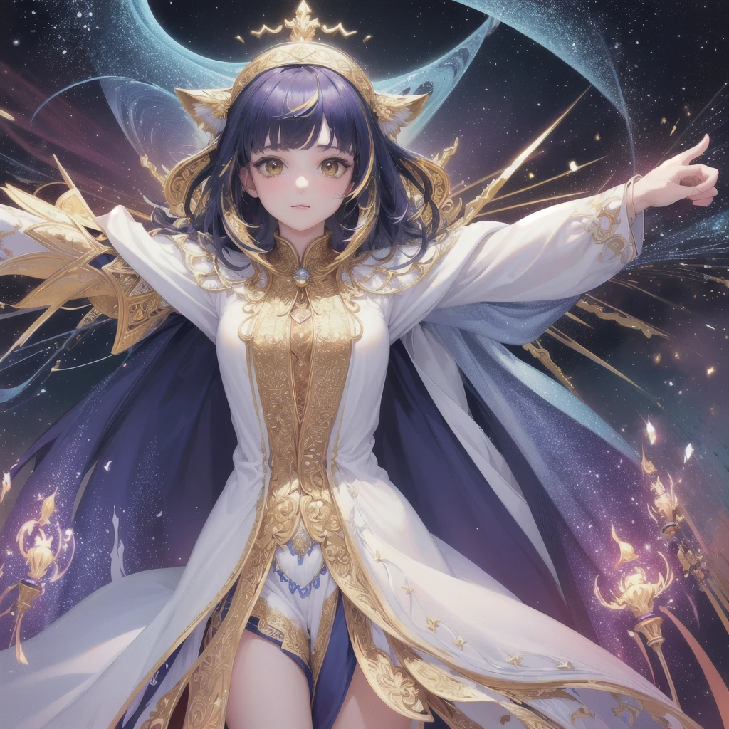 (masterpiece, Highest quality, Highest quality, Official Art, beautifully、aesthetic:1.2), (One girl), Very detailed, (Fractal Art:1.3), colorful, Most detailed, Perfect Face, Upper Body, High resolution, (Open your arms:1.3), (White cloak Golden Line:1.2), Milky Way, (Streaks of Light), Impressive visuals, (Dynamic stripes, Light trail:1.2), Vibrant colors, Cat ear、