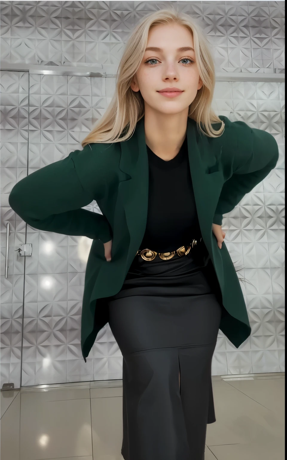 a one woman, americana, age 25, pale skin and freckles, grey-eyed, delicate nose, soft and delicate lips, distant, cabelo blondie distant e ondulado na altura da cintura, Sweet smile, face with delicate feminine facial features, Highly Rendering