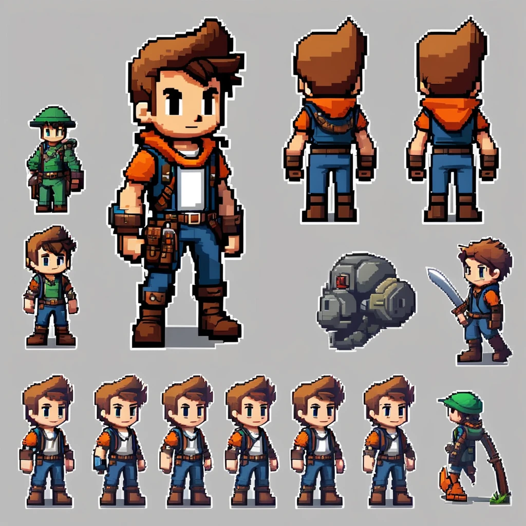 Pixel art,pixel art,Create an original character design sheet,main character of the game,boy,juvenile,adventurer's outfit,natural perm,musical instrument,bard,((3 views,whole body, background,multiple views,High resolution)),multiple views,multiple poses,Active,action pose,dynamic,nice,cute,masterpiece,highest quality,In detail,Gracefully,RPG,Famicom,Multiple characters,multiple outfits,Final Fantasy,boldly,ASSASIN , BLACK COAT , HUNTER, BLACK HOODIE, ARMOR, DARK SHADOW