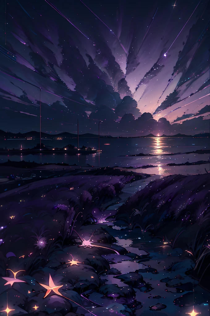 Painting of a sunset over water, Space Sky. by Makoto Shinkai, Colorful night sky, dream scenery art, Makoto Shinkai and Tom Bagshaw, Ross Tran. Landscape Background, Tom Kincaid, Twinkling Star, anime. by Makoto Shinkai, Breathtaking digital art, Purple sky in moonlight 
