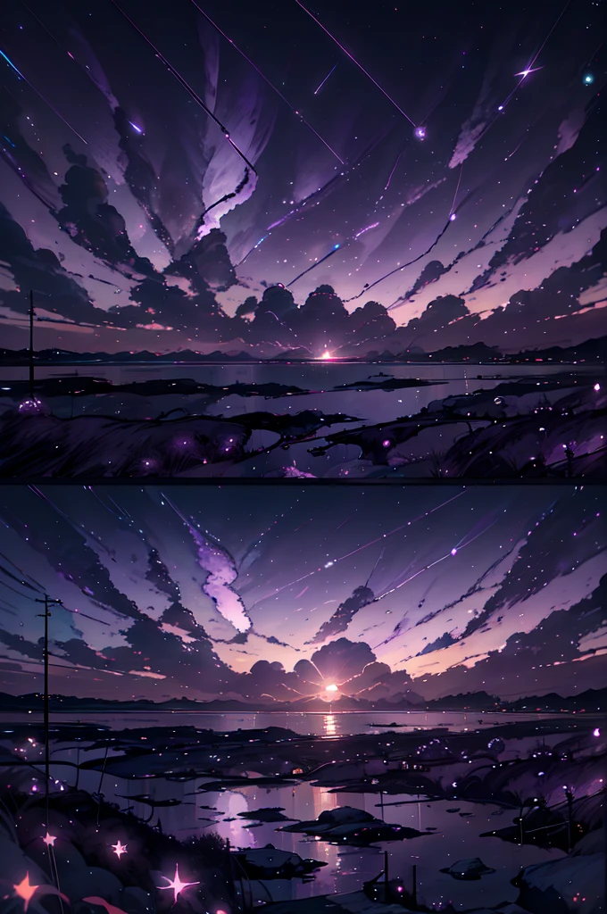 Painting of a sunset over water, Space Sky. by Makoto Shinkai, Colorful night sky, dream scenery art, Makoto Shinkai and Tom Bagshaw, Ross Tran. Landscape Background, Tom Kincaid, Twinkling Star, anime. by Makoto Shinkai, Breathtaking digital art, Purple sky in moonlight