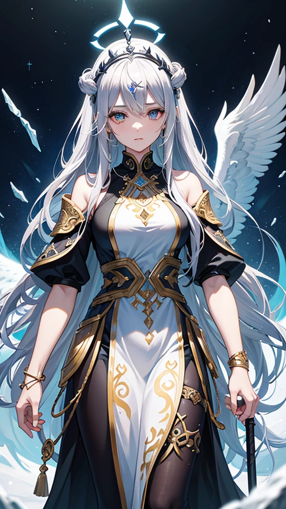 Create an illustration of Odin from Norse mythology reimagined as a beautiful girl. This female version of Odin should embody both elegance and power. Here are the specific details to include:
1. Appearance:
• Face: Her face should be strikingly beautiful, with sharp, regal features. She should have high cheekbones, a delicate nose, and full lips.
• Eyes: She has one piercing eye, often depicted as icy blue or silver, radiating wisdom and authority. Her other eye is covered with a patch or hidden by her hair, symbolizing the eye Odin sacrificed for wisdom.
• Hair: Long, flowing hair, either silver or golden, cascading down her back. It should have a slightly wild, untamed look to signify her connection to nature and the mystical.
• Clothing: She wears a combination of Norse warrior and royal attire. Her outfit should include elements such as a long, flowing cloak, fur accents, and intricate armor with runic engravings. The colors should be rich and regal, such as deep blues, blacks, and metallic gold or silver.
• Accessories: She should wear a crown or circlet that reflects her status as the All-Father. Include intricate designs, possibly incorporating ravens or wolves motifs. Also, she should have a spear, Gungnir, elegantly designed, held with confidence.
2. Setting:
• Background: A grand, mystical setting that reflects Asgard. Include elements like the Yggdrasil tree in the background, glowing with ethereal light. The sky can be a twilight mix of purples and blues, with the Bifrost bridge visible in the distance.
3. Companions:
• Ravens: Include her two ravens, Huginn and Muninn, perched on her shoulders or flying nearby, adding a sense of movement and life to the illustration.
• Wolves: Her wolves, Geri and Freki, should be at her side, depicted with fierce loyalty. They should look majestic and protective.
4. Atmosphere:
• The overall atmosphere should be mystical and awe-inspiring, with a sense of ancient wisdom and power. The lighting can be dra