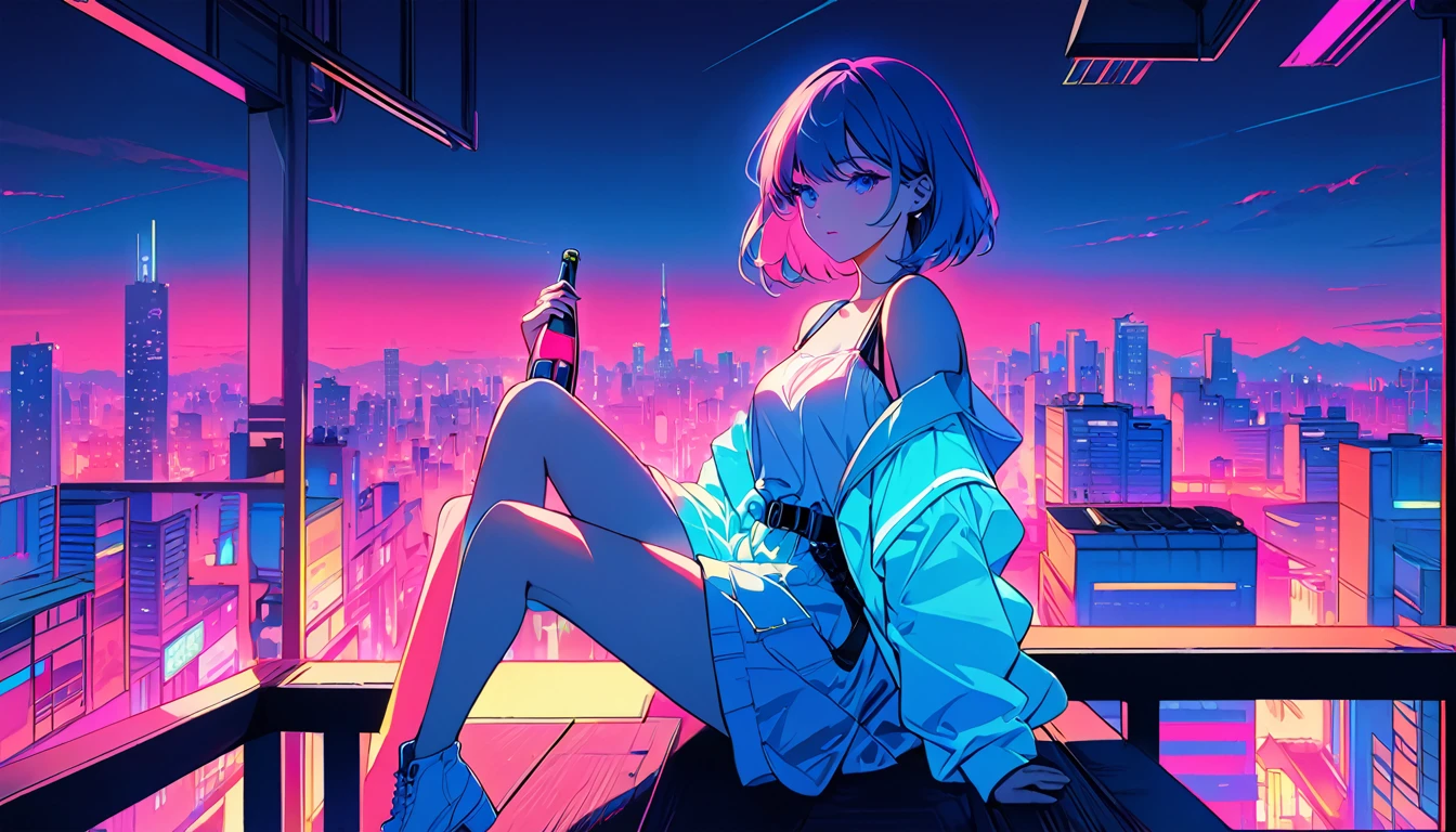 masterpiece,Highest quality,1 Synthwave girl,Blue outline,Neon cityscape,Blue fluorescent paint,solo,From below,Cowboy Shot,Sitting on the roof of a building,Highly detailed CG,Flat Color,Limited palette,Line art,silhouette,Partially colored,Alternate Color,Dynamic Angle,Mizuga Short Bob、Blue long upper champagne,Dark purple shadow,Synth Wave,chromatic aberration,(soloフォーカス)、Perfect Shadow、Wearing an off-the-shoulder floating jacket、Delicate face、、Beautiful and delicate eyes、Delicate background、Blue Neon Light、night、