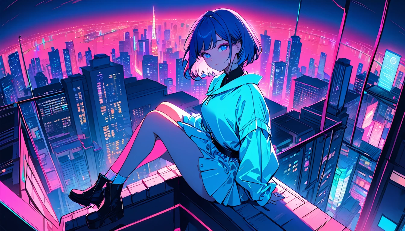 masterpiece,Highest quality,1 Synthwave girl,Blue outline,Neon cityscape,Blue fluorescent paint,solo,From below,Cowboy Shot,Sitting on the roof of a building,Highly detailed CG,Flat Color,Limited palette,Line art,silhouette,Partially colored,Alternate Color,Dynamic Angle,Mizuga Short Bob、Blue long upper champagne,Dark purple shadow,Synth Wave,chromatic aberration,(soloフォーカス)、Perfect Shadow、Wearing an off-the-shoulder floating jacket、Delicate face、、Beautiful and delicate eyes、Delicate background、Blue Neon Light、night、