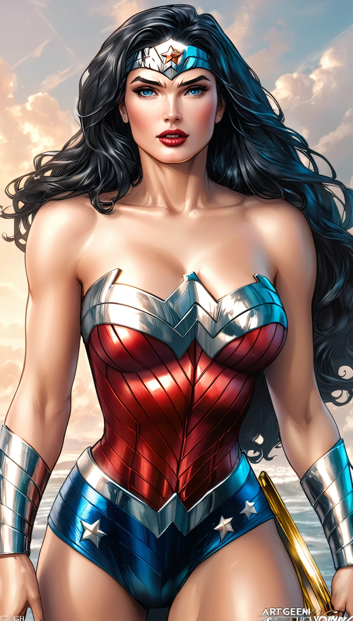 ( Masterpiece, 4k resolution, ultra-realistic, very detailed)  Sexy beautiful Wonder Woman (New 52) . portrait photography by artgerm, in the style of realism, glistening skin, cartooncore, mangacore, natural lighting, Defined full lips. fitness feminine body full body 