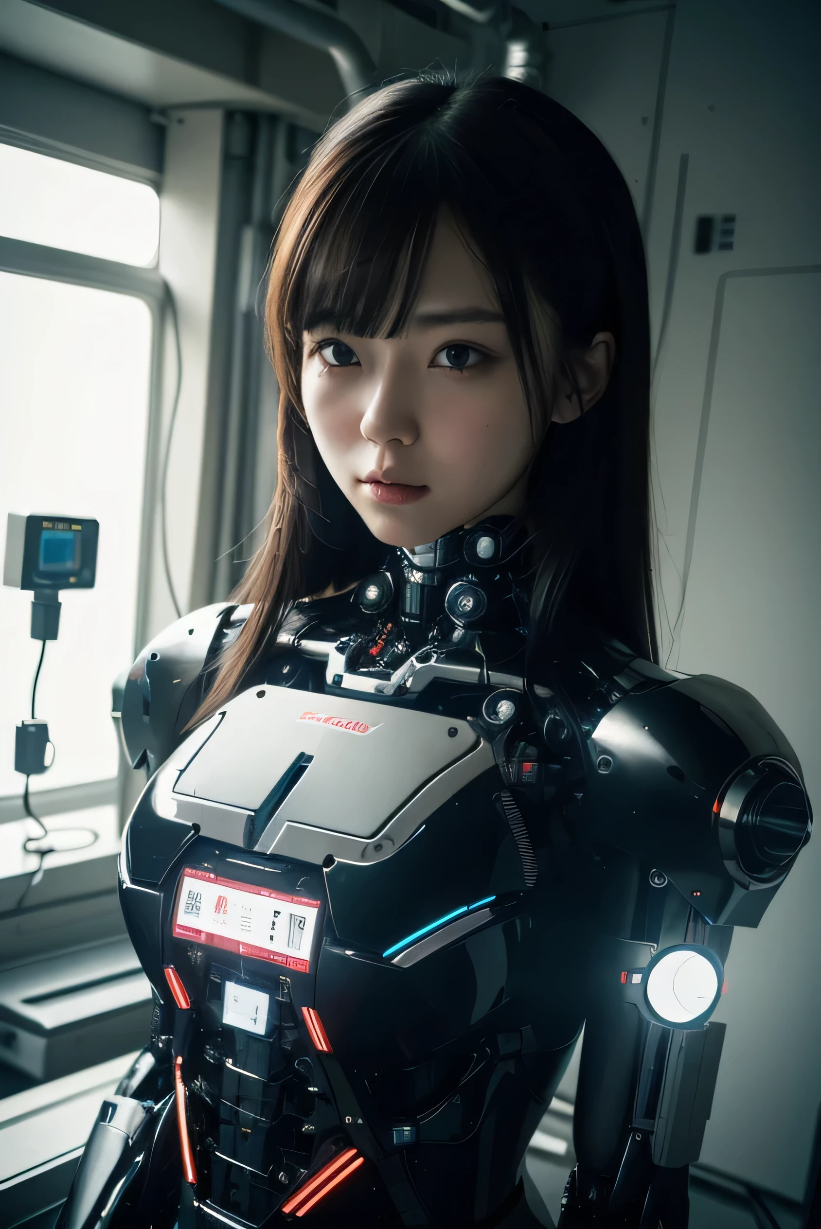 masterpiece, best quality, extremely detailed, ,8k portrait, Japaese android Girl,Plump,fat,chubby,control panels,android,Droid,Mechanical Hand, Robot arms and legs, Black Robot Parts,Black hair,Mechanical body,Blunt bangs,perfect mechanical abdomen,White robotics parts,perfect robot woman,future laboratory,cyber pank,charging spot,laboratory,long tube,thick cable connected her neck,ceramic body ,perfect mechanical body, white robot body,android,robot humanoid,black sponge joints,The removable cover is in the groin,The connection port is in the groin,opened chest panel,access panel on the chest,opened breast panel,mechanical breast,perfect machine body,She has repaired,assembly plant,wired body ,