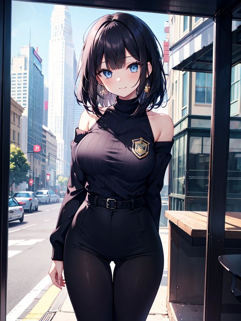 transparent,off-shoulder_sweater,1girl,slender,hime cut,straight_hair,black hair,side_blunt_bangs,blue eyes,symbol_in_eye,medium breasts,narrow_waist,huge filesize,smile,panorama,police_uniform,business_suit,