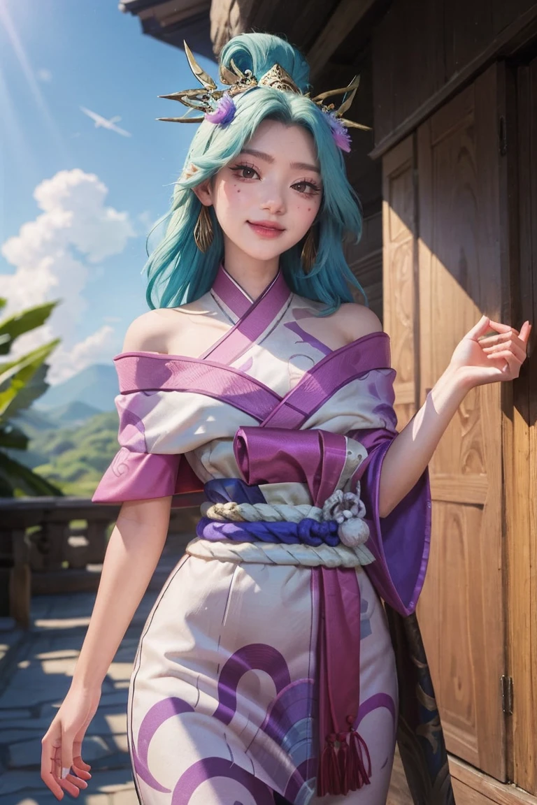 (masterpiece, best quality:1.2) from below intricate details, spirit blossom soraka, 1girl, purple skin, colored skin, single horn, kimono, hair ornament, bare shoulders, smile