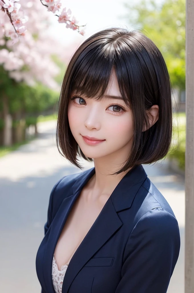 (SFW:1.8、masterpiece, Highest quality),(1 Girl,high school girl:2、あどけないsmile、Innocence、Lovely、Dignified、Beautiful gesture、 alone、The beauty of the golden ratio), Exquisite beauty that cannot be expressed in reality、hyper Realistic, Realistic,Realistic, Looking at the audience, Bright blue-green eyes:1.4,品のあるMegaネの詳細を描く:1.4、Brunette Short Bob Hair with highly detailed shiny hair, Very delicate and beautiful brightly colored clothing:1.4, Lepangas:1.4), Mouth closed, Upper Body、big chest eye、eyelash、{Hugeな|big chest|Hugeなな|Mega} whole :2, chestの谷間:2、(((Beautiful and cute bangs:2、Jet Black Hair:2、Add highlights to the eyes:1.4、big chest eye、Short Bob Hair、Glowing Skin:1.4、Looking at the audience、She is very 美しい and cute、Show me your ears、Beautiful long neck、smile、Please close your mouth and laugh、Bangs and beautiful teeth)))、Ideal body type、((school uniform、uniform, blazer、Pleated skirt、Student Coordination、Background in front of the school gate、Beautiful cherry blossom tree background. Out of focus blurry background))、Beautiful long neck:1.4、(({Huge|big|Hugeな|Mega} chest, chestの谷間:2))、(((Portraiture:2、Face close-up:2、Cowboy Shot:2、chest像:2、chestのクローズアップ:2)))、((Transparency、clear、Transparent beauty、Gloss))、Perfect Anatomy、((縦長のPortraiture, Attractive woman、Very beautiful face、Very beautiful eyes))